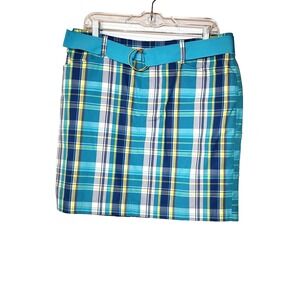 NWOT CHAPS Women's Blue/Yellow Plaid  Cotton Skirt Ribbon Belt Above Knee Sz 12